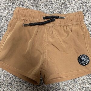 Little Surfer Dude Brown Swim Shorts with Logo Patch